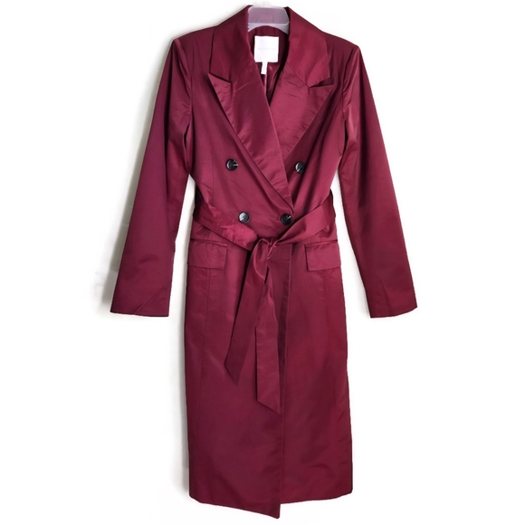 Avec Les Filles Jackets & Blazers - Avec Les Filles Dark Burgundy Stretch Cotton Blend Belted Longline Trench Coat
